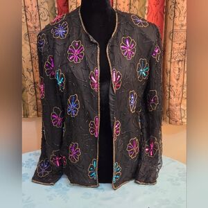 Vintage JMC Collection Black Silk Jacket With Floral Beaded Design